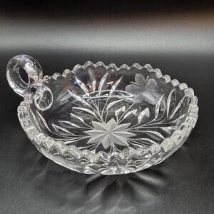Vintage Crystal Clear Glass Nappy Dish Loop Handle Sawtooth Edge Deep Cut